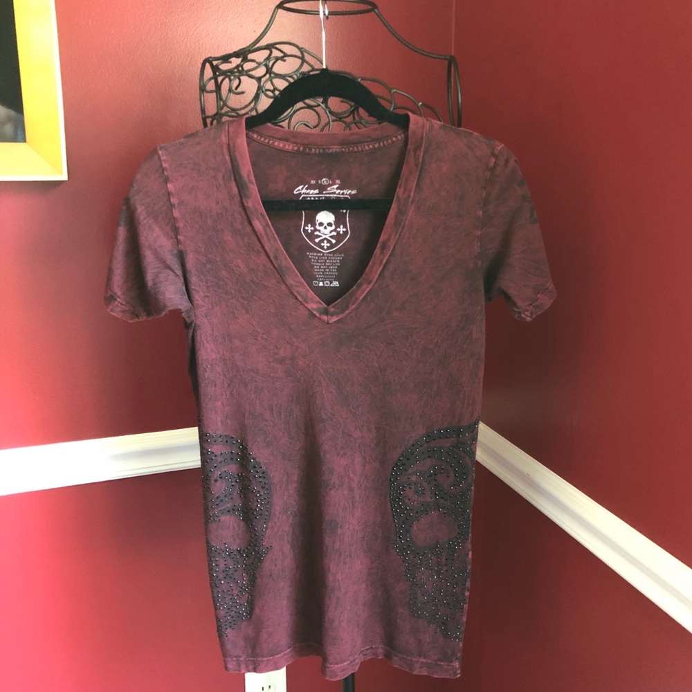 Affliction sz MED red shirt w/ black rhinestones